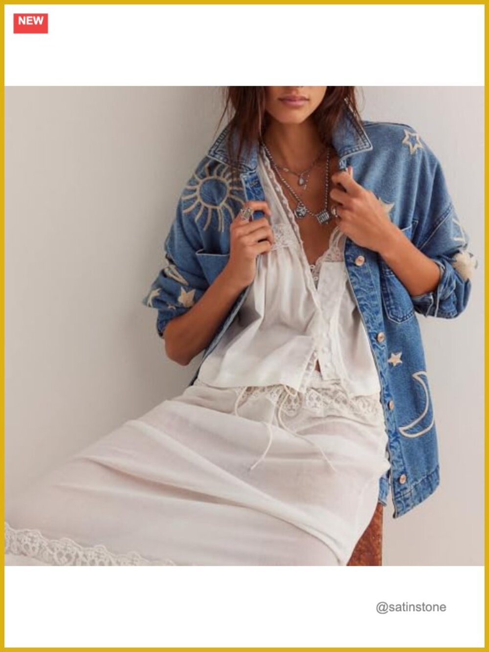 Oversized Embroidered Denim Jacket Button Down Loose Fit Jean Jacket - Picture 3 of 6